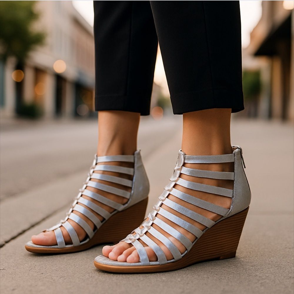 Johnston & Murphy Nadine Caged Wedge Sandals Burnished Silver sz 7.5
